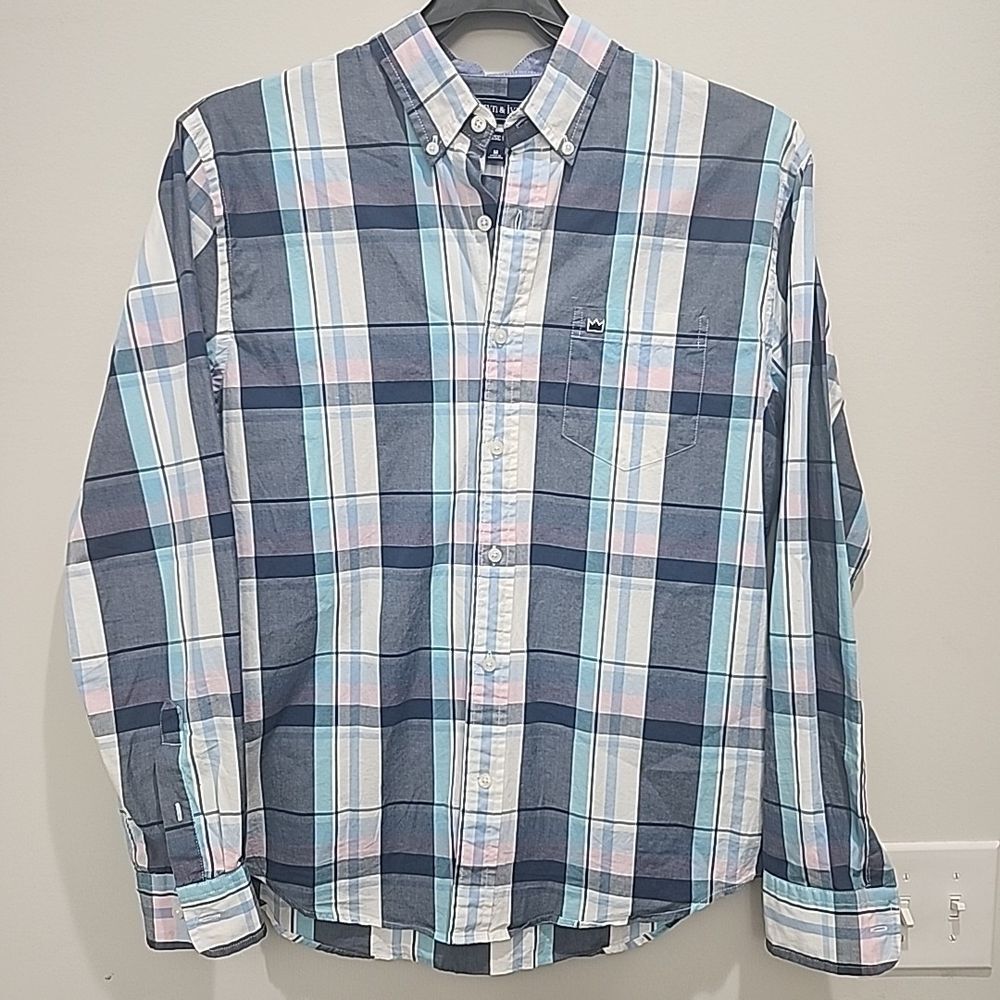 Crown & Ivy Long Sleeve Button‎ Down Shirt Blue Pink Plaid Shirt Mens Medium